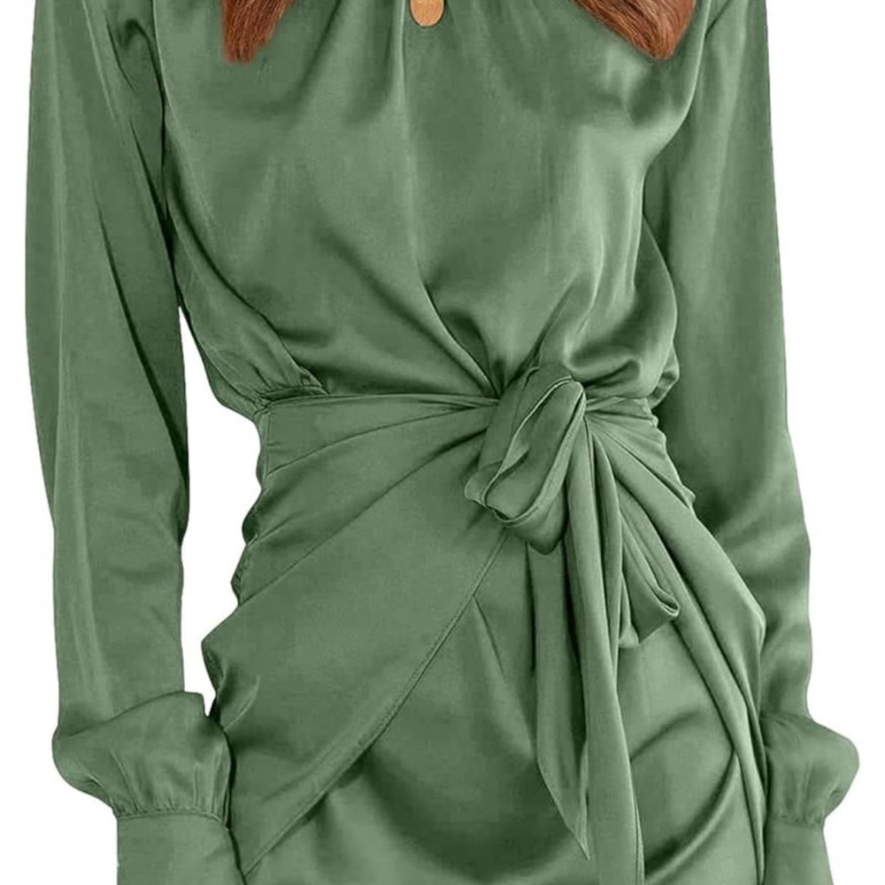 Satin Tie-Waist Blouse Dress in Sage Green